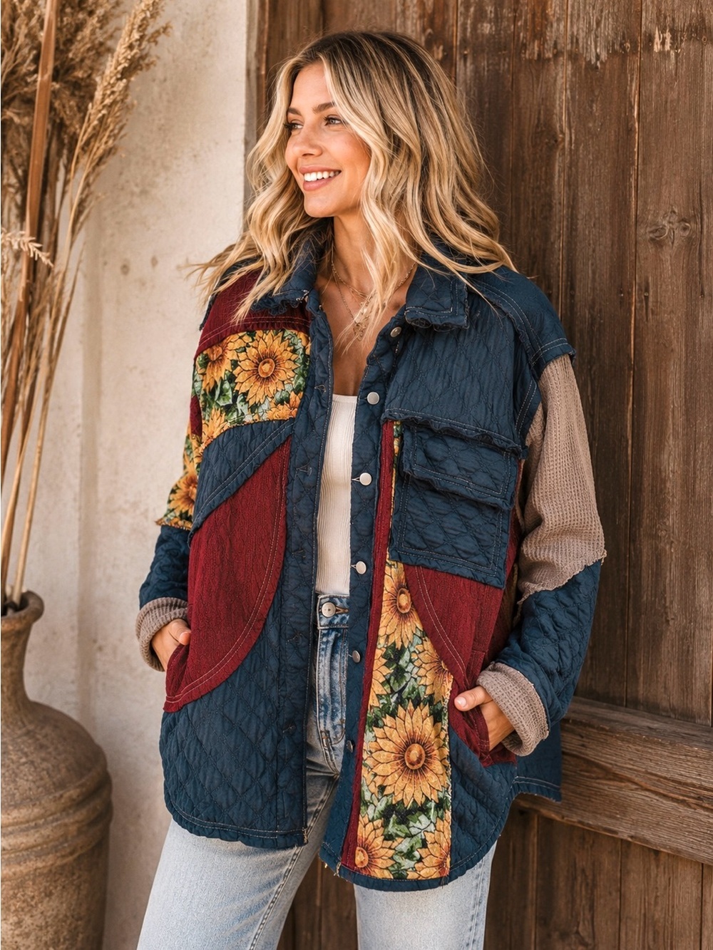 POL Quilted Patchwork Jacket with Sunflower Panels - Blue, Red, Yellow Size M